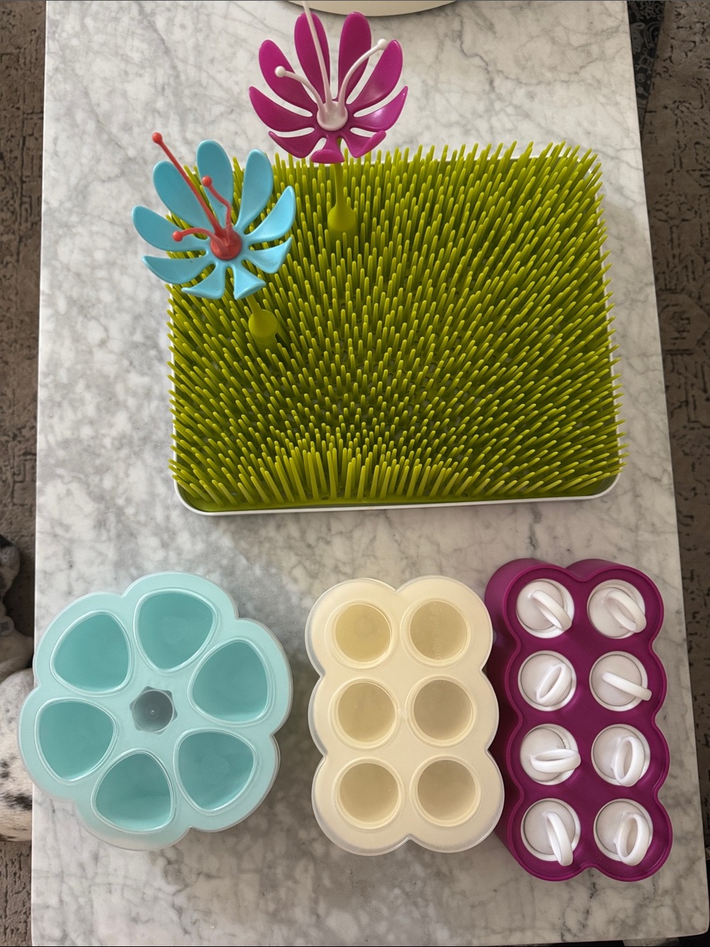 Boon Green Grass Drying Rack+ Flower Bottle Holders + Colorful Silicone Molds (3